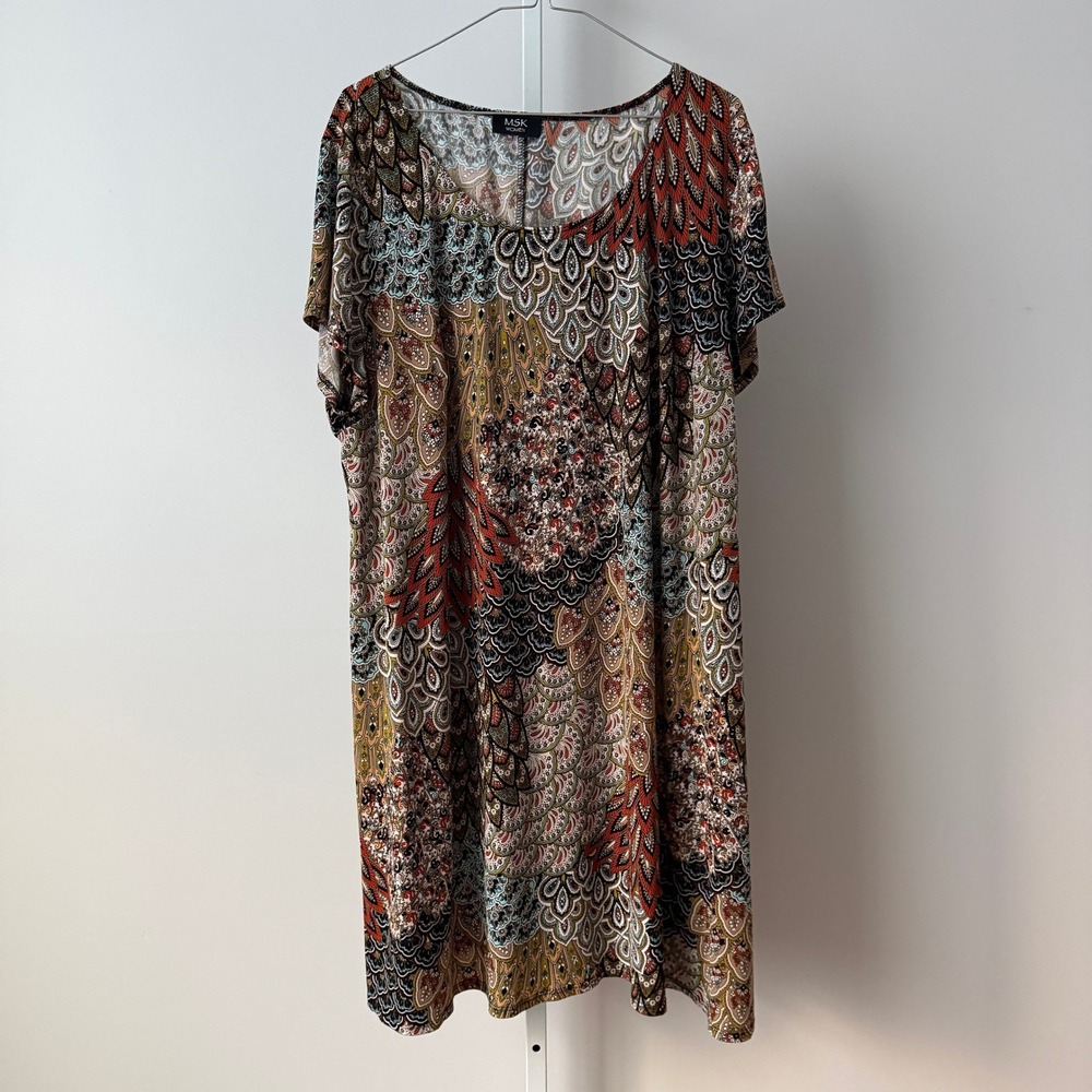 MSK Women XL Multicolor Shift Dress Peacock Flowy Beachy Relaxed Shabby Festival